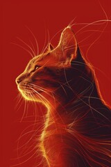 High Fashion Golden Cat: Minimalist Thin Line Drawing with Fractal Split Effect and Pure Red Background Generative AI