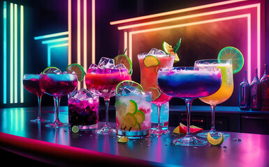 Colorful mixed drinks decorated with fruit on the bar counter glasses full of ice bar lights
