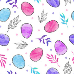 Seamless Easter pattern with eggs and leaves. Vector watercolor illustration - 771024357