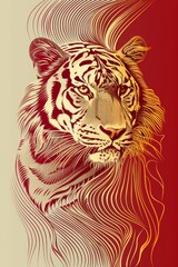 High Fashion Golden Tiger Fractal Split Drawing with Pure Red Background Generative AI