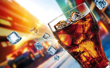 Cola with ice in the glass ready to drink for refresh on blur background - obrazy, fototapety, plakaty