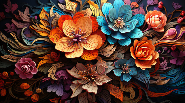 Blooming with vibrant hues, this captivating painting showcases a stunning arrangement of colorful flowers.