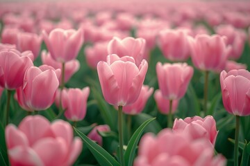 Fototapeta premium Vast Pink Tulip Field with Blurred Background and Green Foliage Generative AI