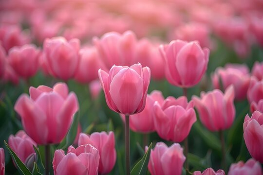Vast Pink Tulip Field with Blurred Background and Green Foliage Generative AI