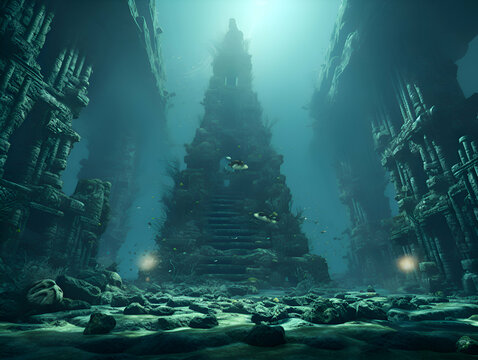 Fantasy landscape of deep sea. 3D rendering.