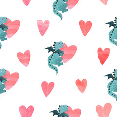 Seamless vector pattern with cute watercolor dragons and hearts. Love background - 771024746