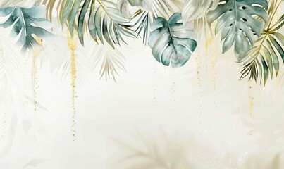 watercolor luxury rich light colors gold 3d big palm Livistona leaves hanging down. AI generated illustration