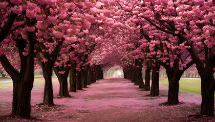 Beautiful cherry blossom alley in spring time with pink petals