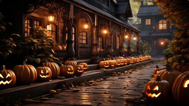Embracing the spooky season with these vibrant Halloween pumpkins adorning the cobblestone street.