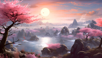 Fantasy landscape with cherry blossom tree and sunset. 3d rendering