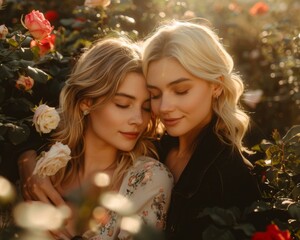 Two women hugging each other in a field of roses. Generative AI.