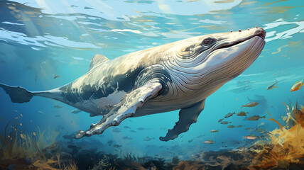 a magnificent whale gracefully glides through the ocean, surrounded by a lush tapestry of plants and algae. Dive into the wonders of the deep blue.