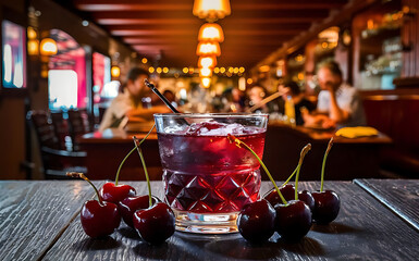 Cherry liqueur and juicy ripe cherries on the table in the bar an elegant serving of sweet drink in the restaurant a traditional drink - obrazy, fototapety, plakaty