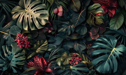 Seamless hand drawn tropical pattern with bright hibiscus flowers and exotic palm leaves on dark background. AI generated illustration