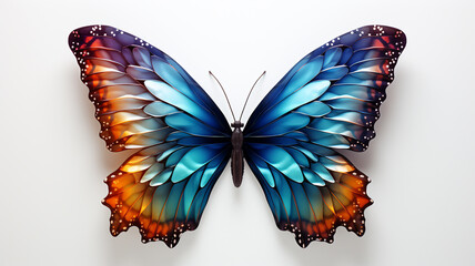 Majestic hues of blue and orange adorn this magnificent butterfly, captivating the essence of nature's vibrant beauty.