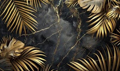 Golden fern leafs, palm frond on marble background. Trendy creative design. AI generated illustration