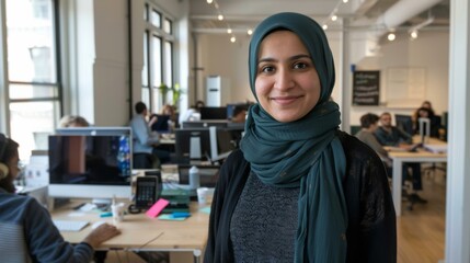 A woman in a hijab smiling at the camera. Generative AI.