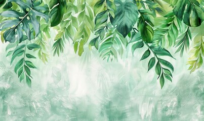 wallpaper watercolor style illustration with 3d hanging palm luxury leaves. AI generated illustration - obrazy, fototapety, plakaty