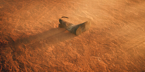 Lost cowboy boot in misty desolate desert landscape. - 771025793
