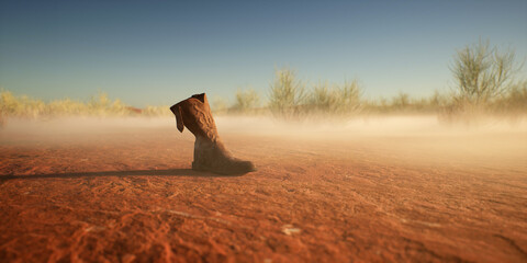 Lost cowboy boot in misty desolate desert landscape. - 771025794