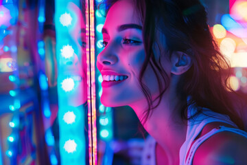 close-up of a beautiful woman at a casino, her face glowing with excitement as she watches the spinning reels of a slot machine. - obrazy, fototapety, plakaty