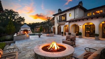 an image that perfectly captures the luxurious yet inviting ambiance of a villa's outdoor space,...
