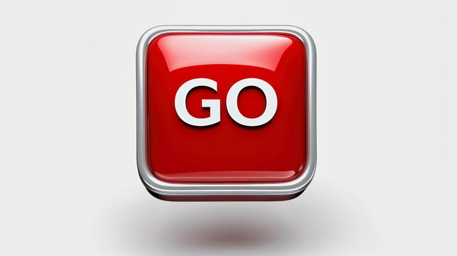 illustration of a 3d square button in red color with a silver frame against white background, written on it is the word GO