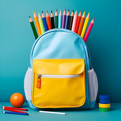 School backpack with colors pencil stationery on blue background