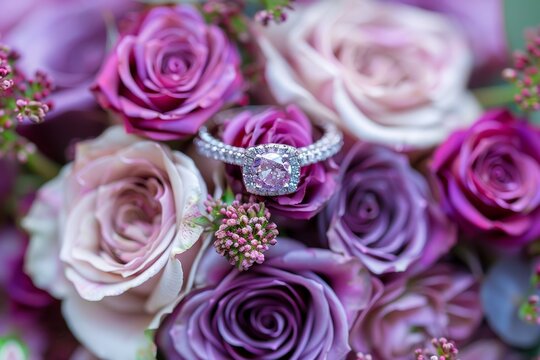 An Engagement Ring Nestled in a Bouquet of Purple Roses: A Tribute to Timeless Artistry Generative AI