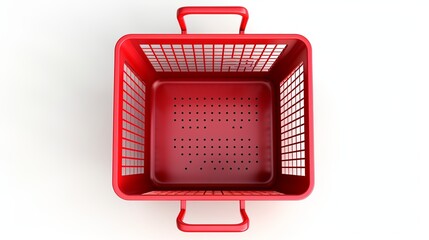Against a white background, a red empty shopping basket is depicted in this 3D rendering, captured from a top view.