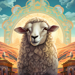Sheep in the background of the mosque. 3d illustration.