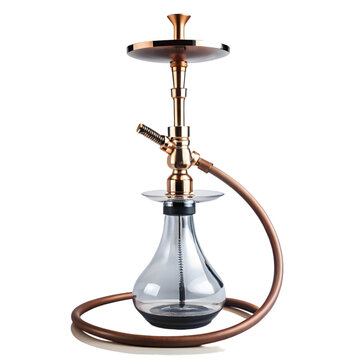 big golden narghile for tobacco smoking made of metal with long hookah hoses