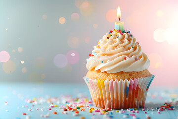 Birthday cupcake with candles on a light background. Happy Birthday concept, copy space for text, banner design, blue color scheme, soft lighting.