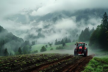 Fototapeta premium Fog-Enshrouded Tractor on Misty Farmland - Moody Agricultural Landscape, Sustainable Farming Concept, Ideal for Eco-Friendly Branding and Storytelling