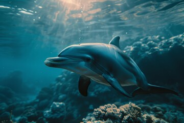 Dolphin gracefully swimming in its underwater habitat Generative AI - obrazy, fototapety, plakaty