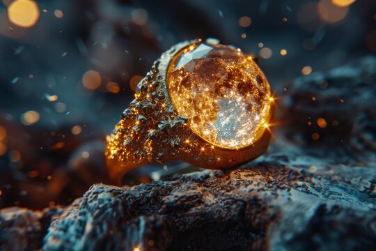 Crystal and Gold Moon Ring: Wedding Setting under Cinematic Lighting Time-lapse Photography with Soft, Romantic Scenes Generative AI