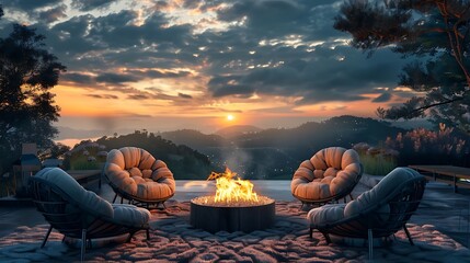 an image that speaks of elegance and luxury, featuring luxurious chairs arranged around a mesmerizing fire pit 