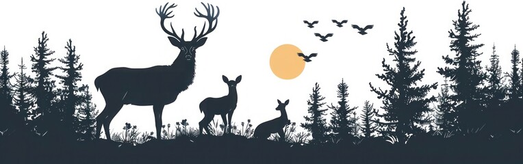 Forest Family: Silhouette of Deer with Fawn and Fir Trees - Wildlife Adventure, Hunting, Camping - Vector Illustration for Logo - Isolated on White Background