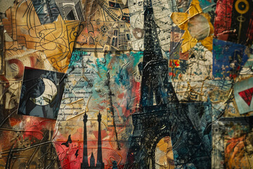 A close-up of an abstract background inspired by the rich history and culture of France. The image features a collage of symbols and motifs that are quintessentially French.