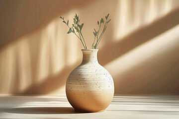 A ceramic vase, with a simple and minimalist style, light brown background, soft lighting, high saturation, and a solid color gradient on the surface. The overall composition is symmetrical and balanc
