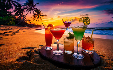 Colorful cocktails on the beach at sunset selective focus - obrazy, fototapety, plakaty