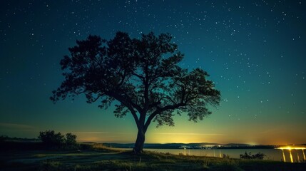 Obraz premium Tree on Hill Under Night Sky