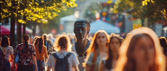 Fototapeta na wymiar A captivating street festival scene where a lifelike statue stands among a bustling crowd, engaging viewers with depth and culture