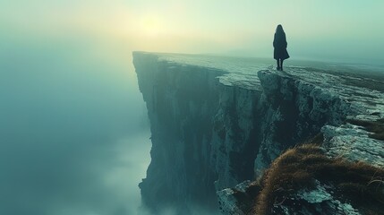 Standing at the precipice of the world, with nothing but endless expanse before them, a trave - obrazy, fototapety, plakaty