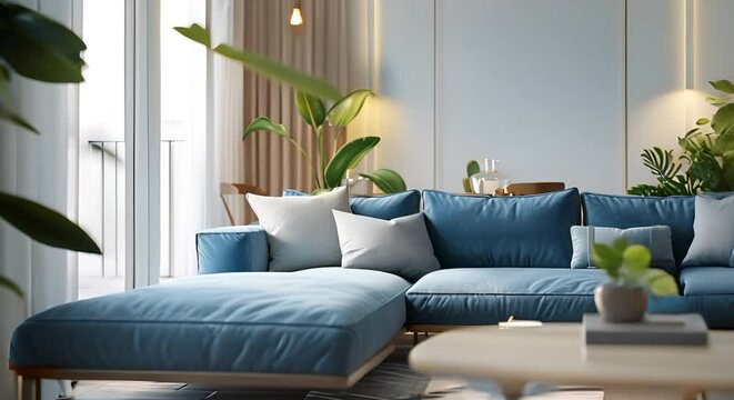 interior design, light tones, blue sofa in living room scene, minimalistic style 
