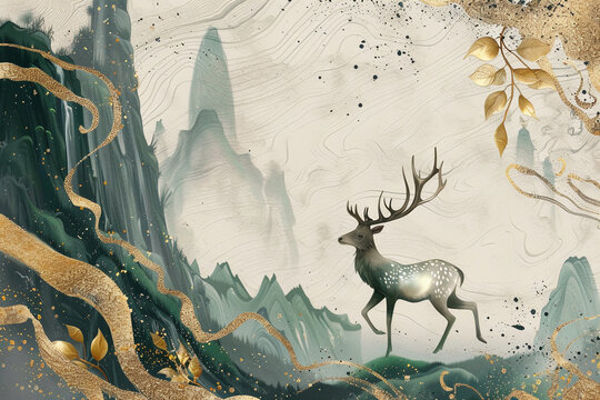 An elegant gold-contorted deer, its head high in front, its long horns unusually beautiful, it runs on an ethereal streamer of green and gold, the foreground is decorated with abstract plant leaves, t