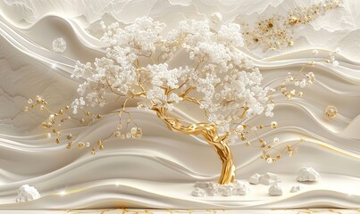 3D Mural wallpaper background relief white and gold wave, Mural wallpaper crystal and marble...