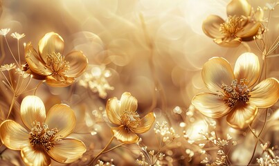 golden luxurious flowers on a light background wallpaper. AI generated illustration