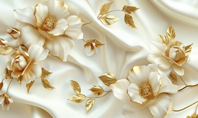 3D mural wallpaper flowers in gold and cream colors high quality AI generated image