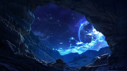 Moonlit Cave Overlooking Stars at night , outdoors - obrazy, fototapety, plakaty